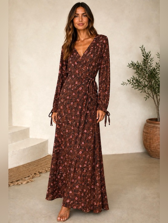 Natalie Martin Dresses & Skirts - Natalie Martin Kate Handmade Rayon Floral Wrap Maxi Dress Boho Brown Pink Small